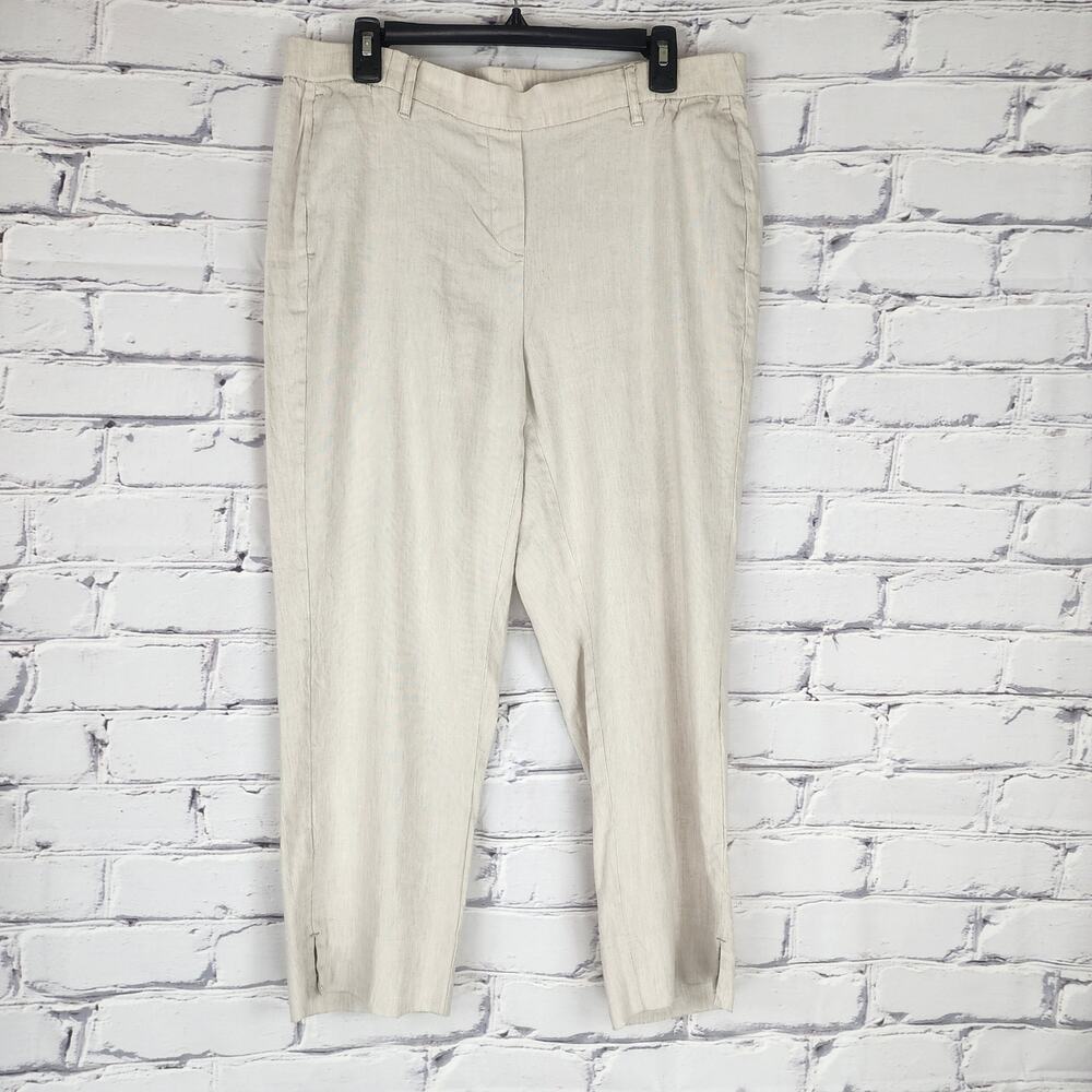 J. Jill Linen Stretch Pants Womens L Flat Front Slit Ankle Macademia Tan Comfort